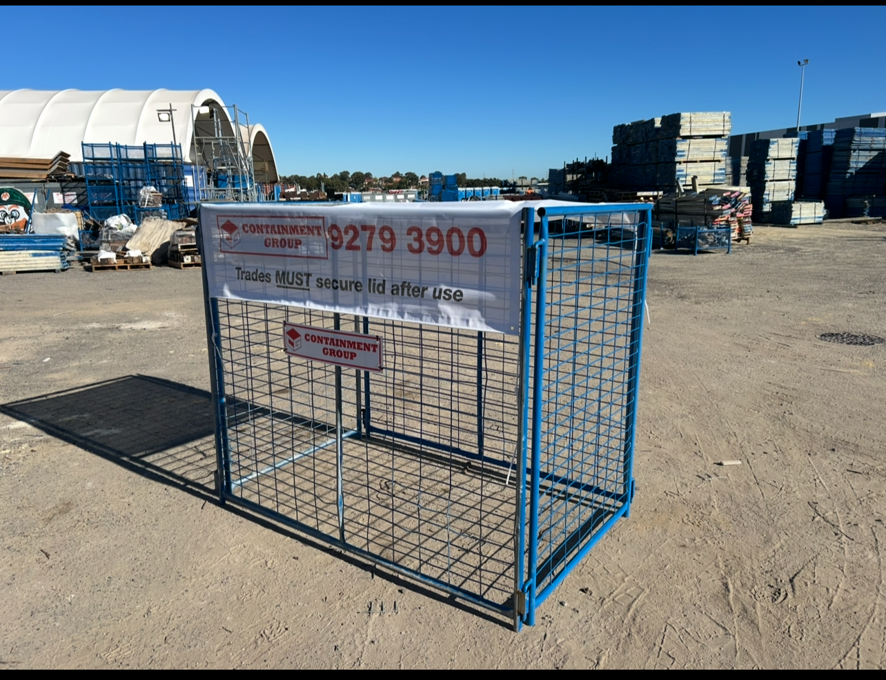 Containment Group blue mesh containment cage with branded lid